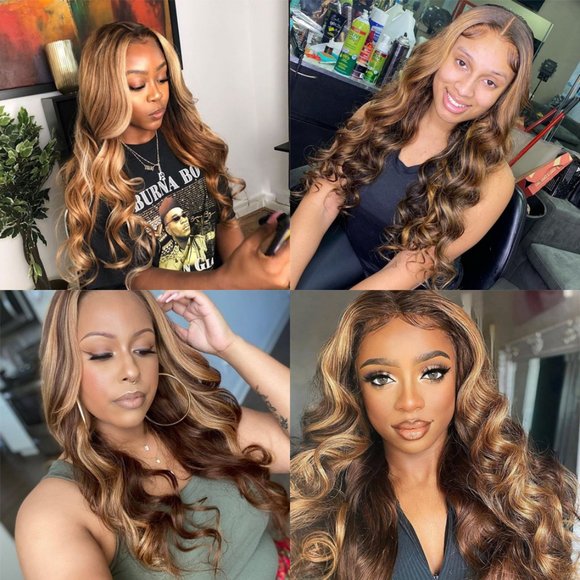 💥100% Human Hair Light Brown with Blonde Highlights Body Wave Wig💥NWT - Picture 2 of 6